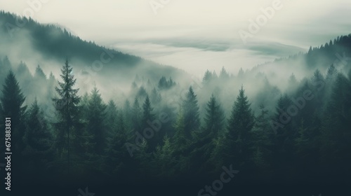 Generative AI image of a Misty landscape with fir forest in vintage retro style, autumn © Eitan Baron