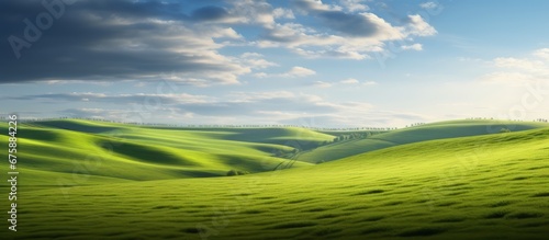 Generative AI image of natural scenic panorama green field