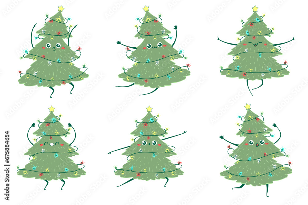 Clipart set Kawaii doodle Christmas tree dancing. Children's handmade naive style. Simple New Year character isolated on white background. Happy spruce concept