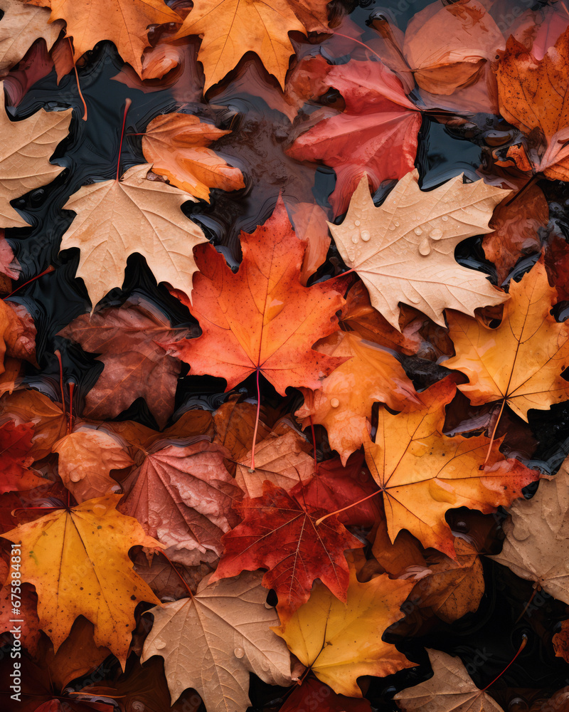 Fallen maple leaves in the autumn forest