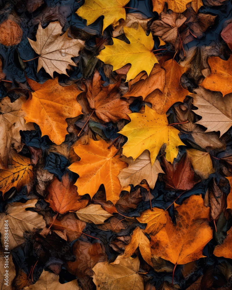 Obraz premium Fallen maple leaves in the autumn forest