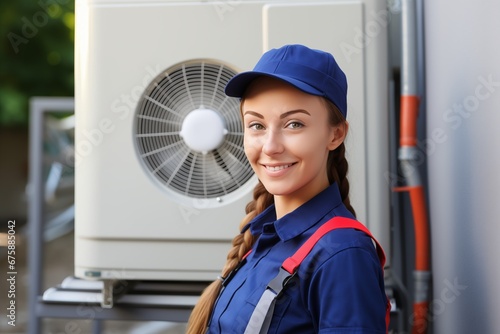 Obraz na płótnie female worker portrait at air conditioner external unit , HVAC system w salonie