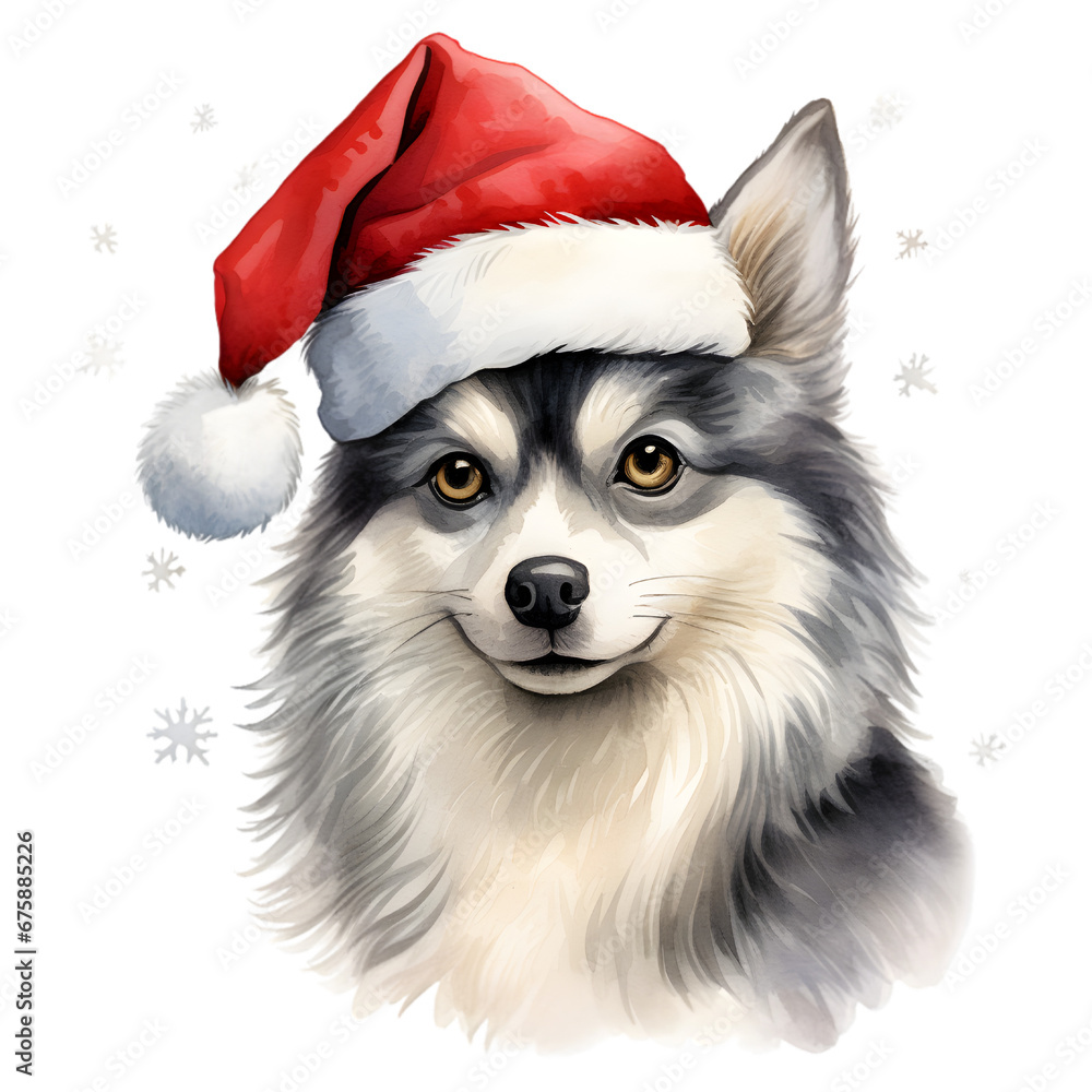 Dog Wearing a Santa Hat, Christmas Dog Watercolor Clipart Dog Wearing a Santa Hat, Christmas Dog Watercolor Clipart
