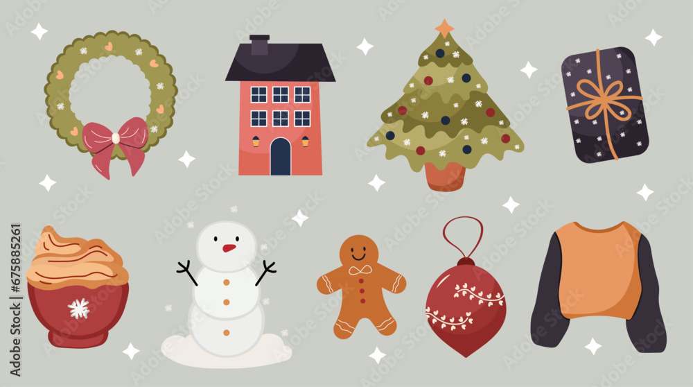 Fototapeta premium Merry Christmas, Christmas collection with traditional Christmas symbols. Vector Illustration