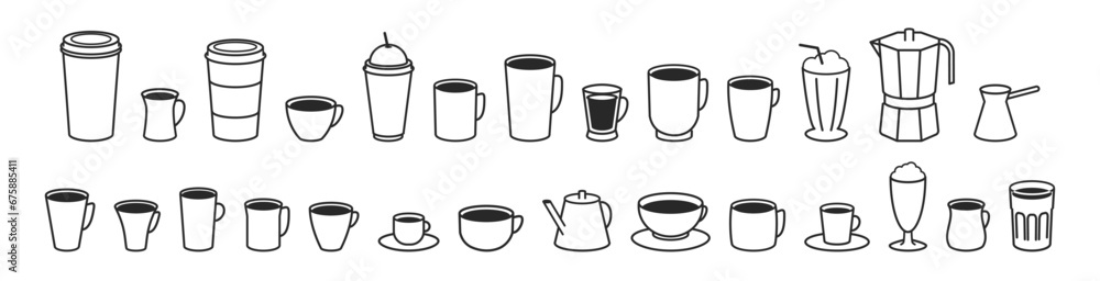 Coffee cup icons set. Coffee To Go. Teacup collection. Hot drink. Isometric icons thin line outline. Coffee cup icons set. Coffee To Go. Teacup collection. Hot drink. Isometric icons thin line outline.