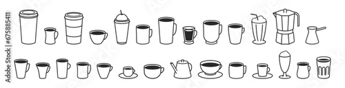 Coffee cup icons set. Coffee To Go. Teacup collection. Hot drink. Isometric icons thin line outline. 
