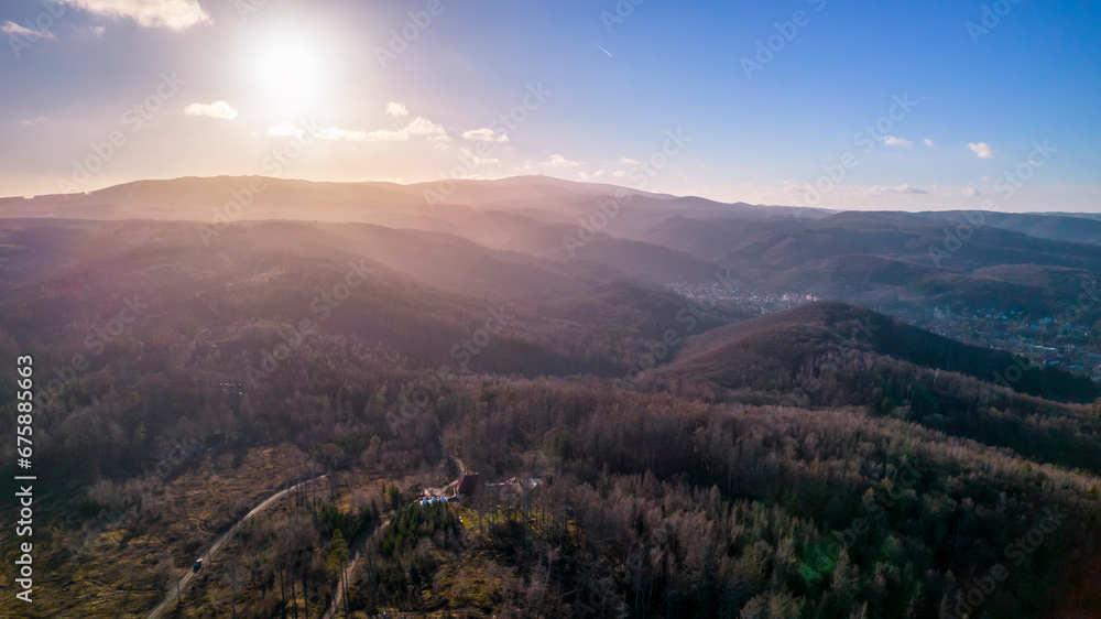 Aerial view of a dead forest and bare trees on a mountain near Wernigerode