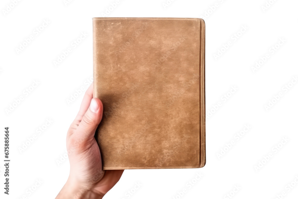 Hand holding blank book on transparent background. Hand holding blank book on transparent background.