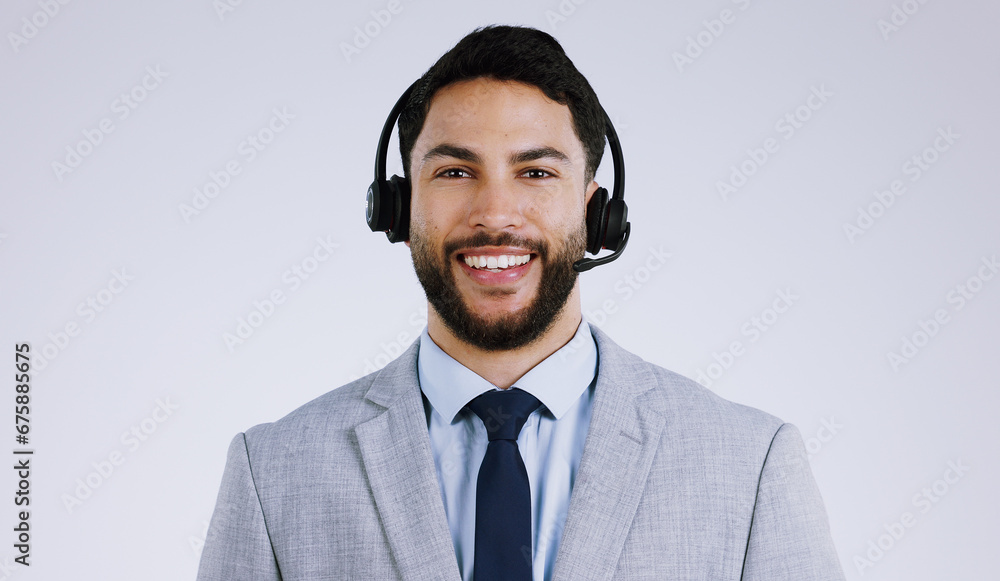 Business man, call center and portrait for communication, customer support and e commerce service in studio. Face of consultant or agent with headphones for contact us isolated on a white background Business man, call center and portrait for communication, customer support and e commerce service in studio. Face of consultant or agent with headphones for contact us isolated on a white background