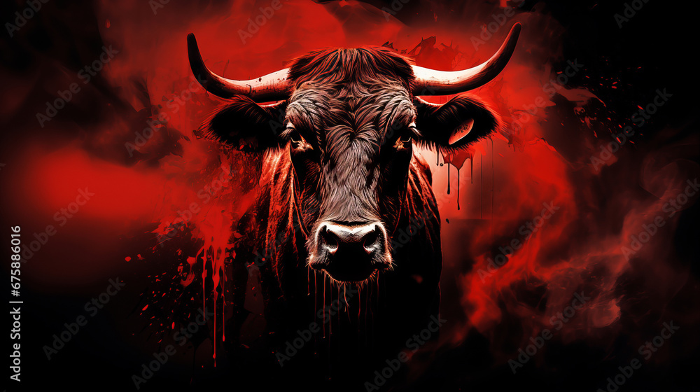 Sorrowful cow before slaughter against gruesome bloody backdrop in