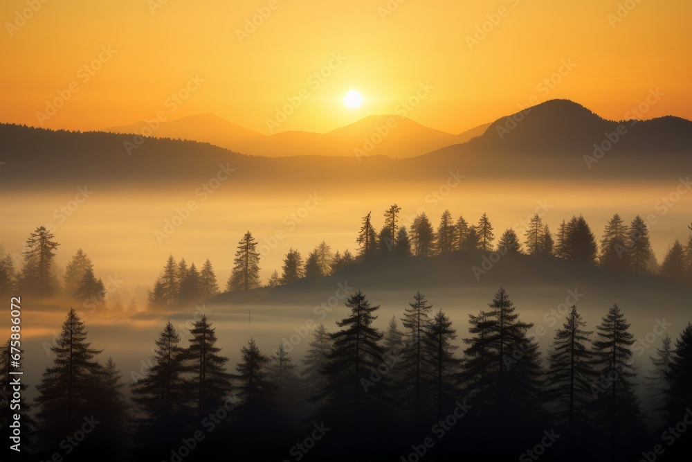 Generative AI image of sunrise over forest surrounded by fog and trees