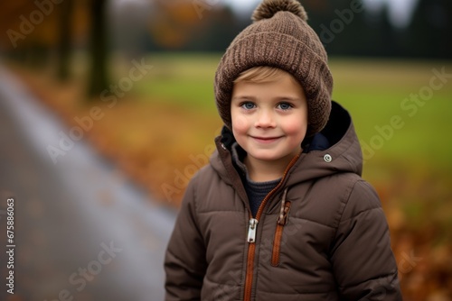 A portrait of a cute little boy in a warm coat and hat standing in the autumn park.