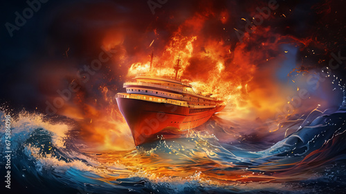 Passenger ocean liner ship engulfed in fire on high seas amidst turbulent waves, tragic and dramatic maritime incident, unpredictable and formidable power of sea, fire on cruise ship