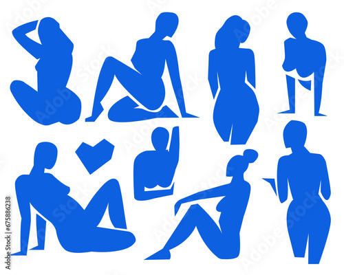 Women cut out figures.Contemporary silhouette shapes, hand drawn blue females.Flat beautiful lady poses.Fashion modern collage applique trendy poster.Use every girl apart.Isolated