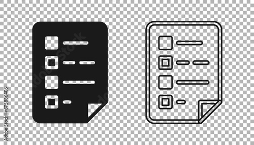 Black Clipboard with checklist icon isolated on transparent background. Control list symbol. Survey poll or questionnaire feedback form. Vector