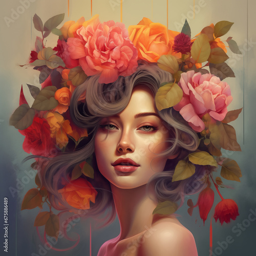 A painting of a woman with flowers on her head © FawziaEssa