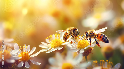 Bees working on a bright sunny day with beautiful bokeh Beautiful colorful summer spring natural flower background.  © Muhammad