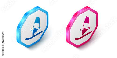 Isometric Windsurfing icon isolated on white background. Hexagon button. Vector