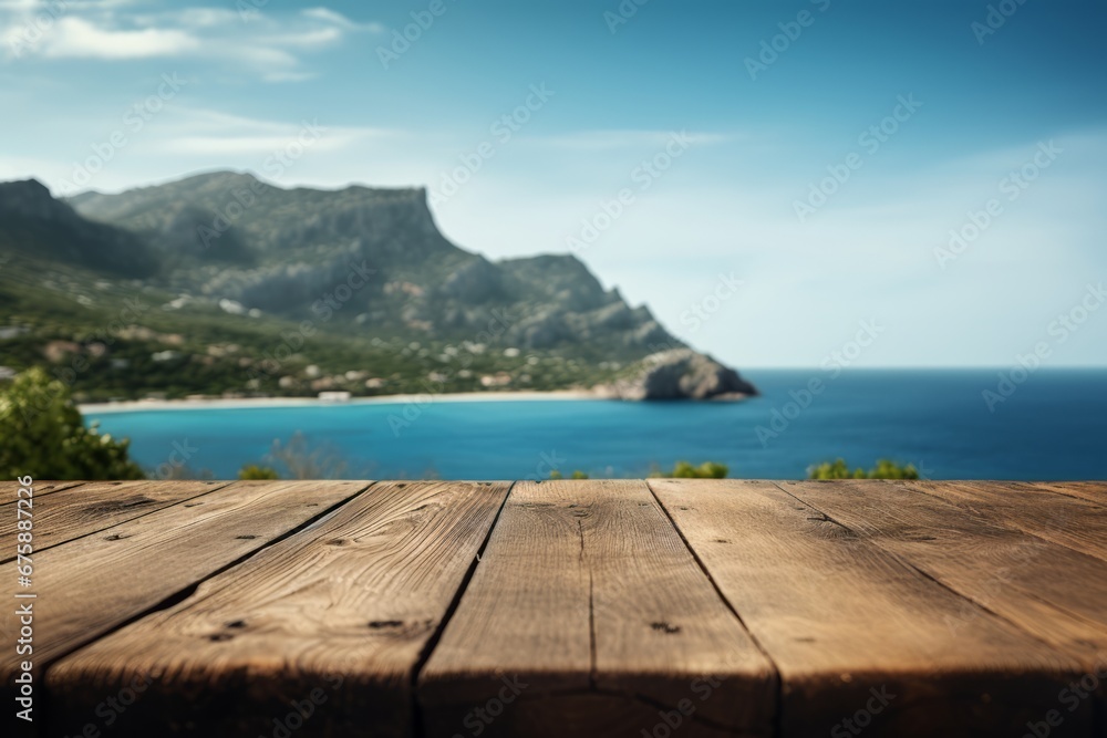 Generative AI image of a wooden table with mountain views on the sea topography, in the style of low-angle, brown and azure, transavanguardia