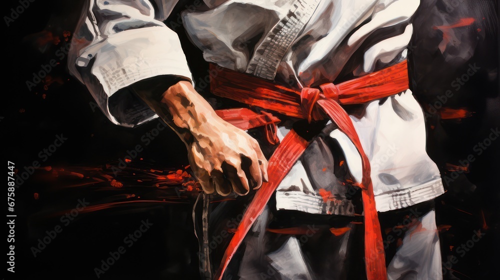 Red belt in karate. Close up watercolor illustration.