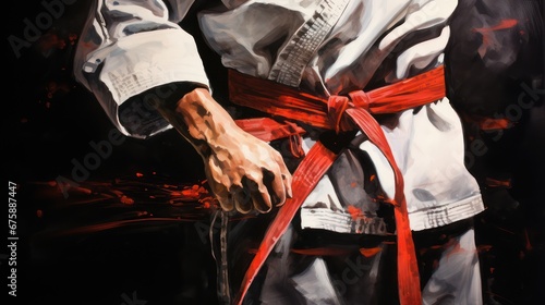 Red belt in karate. Close up watercolor illustration.
