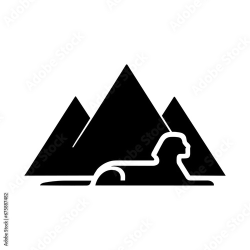 Sphinx and pyramids icon. A black silhouette of the Sphinx with pyramids