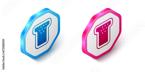 Isometric Bread toast for sandwich piece of roasted crouton icon isolated on white background. Lunch, dinner, breakfast snack. Hexagon button. Vector