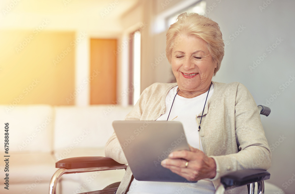 Happy, wheelchair and senior woman with a tablet, connection and typing with communication. Health, mature female person and elderly lady with recover, rehabilitation and technology for social media Happy, wheelchair and senior woman with a tablet, connection and typing with communication. Health, mature female person and elderly lady with recover, rehabilitation and technology for social media