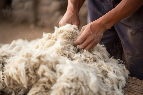 Indian man separating wool from sheep after removing it photo