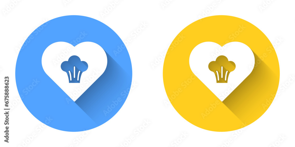 White Chef hat icon isolated with long shadow background. Cooking symbol. Cooks hat. Circle button. Vector White Chef hat icon isolated with long shadow background. Cooking symbol. Cooks hat. Circle button. Vector