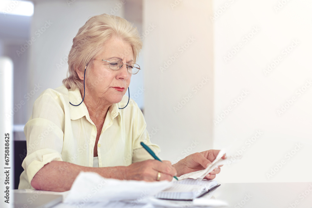 Retirement, senior woman and planning budget on paperwork for tax, financial documents or receipt, investment or savings. Elderly person, finance or money or papers of pension bills management mockup - obrazy, fototapety, plakaty 