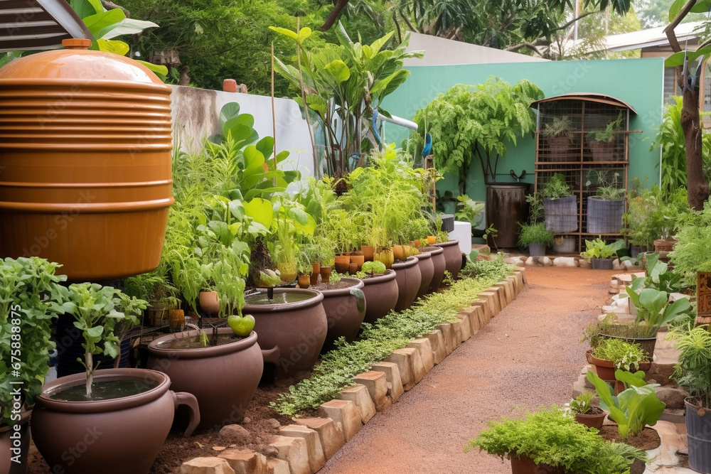 A home garden with rainwater harvesting and composting systems. Well-kept garden area with beds and water tanks. Household, flower beds with plants