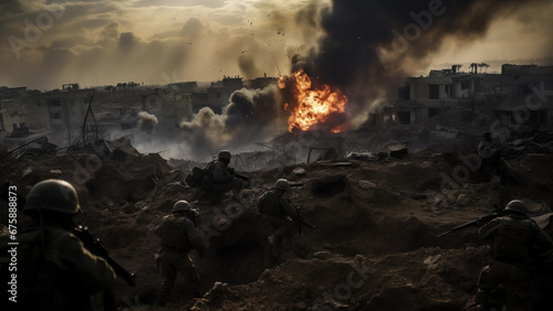Soldiers fighting to protect their homeland amidst the flames of bombing