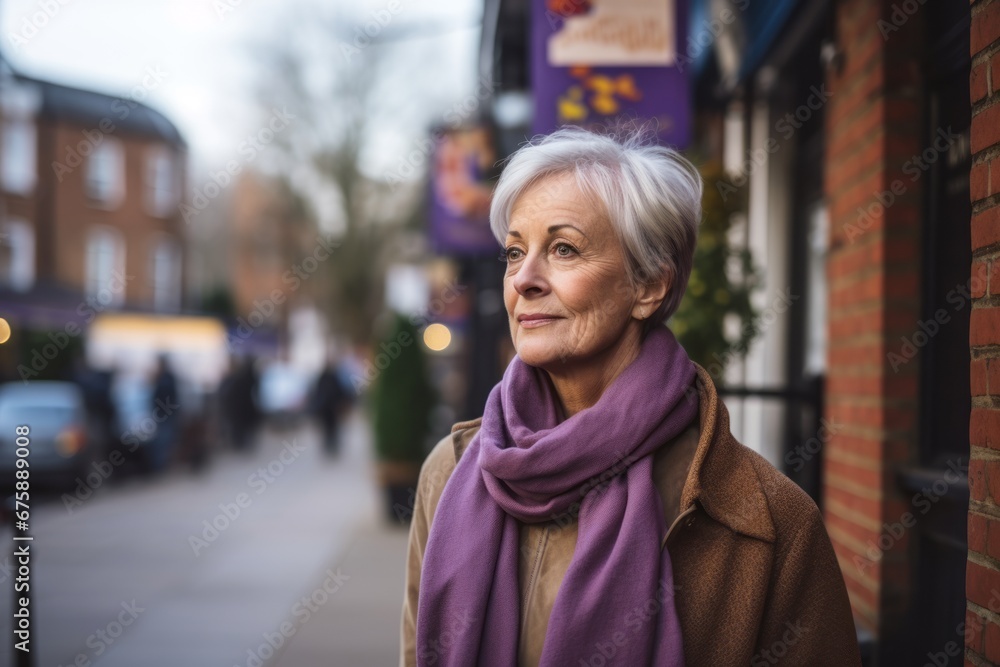 Portrait of a senior woman in a city street, looking at camera.