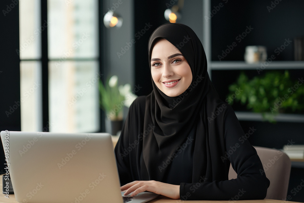 Young islamic religious woman in hijab using laptop at office Young islamic religious woman in hijab using laptop at office