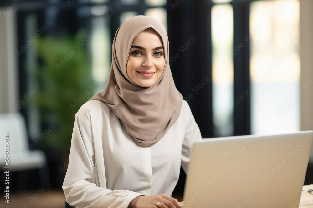 Young islamic religious woman in hijab using laptop at office