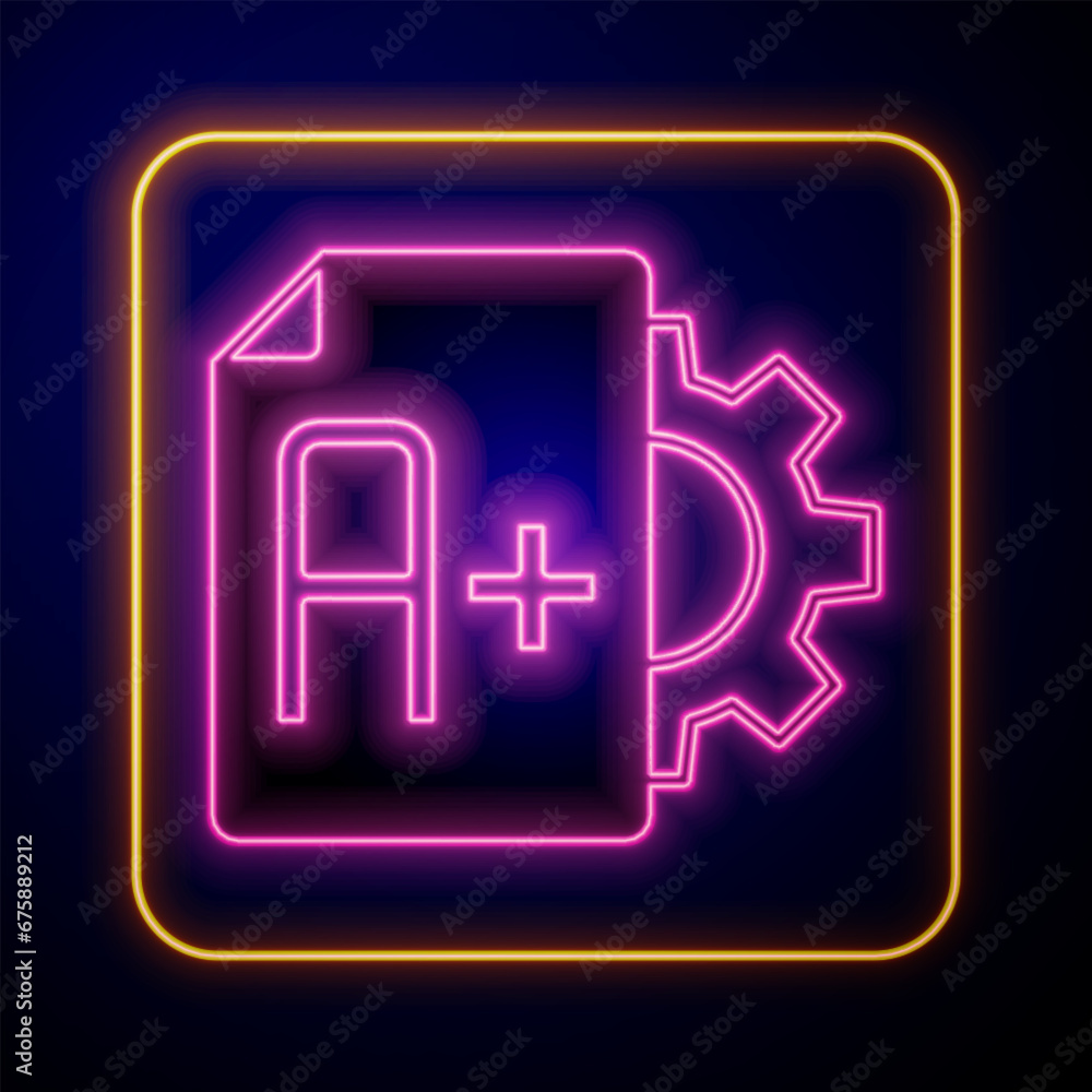 Glowing neon Exam sheet with A plus grade icon isolated on black background. Test paper, exam, or survey concept. School test or exam. Vector Glowing neon Exam sheet with A plus grade icon isolated on black background. Test paper, exam, or survey concept. School test or exam. Vector