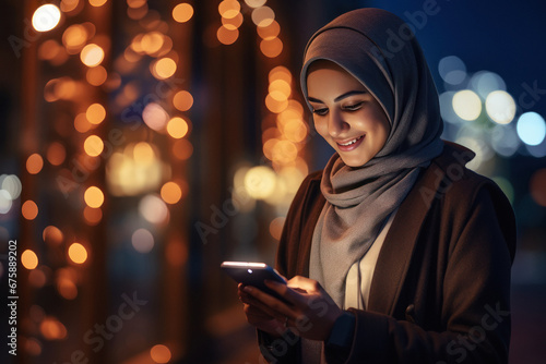 Young woman in hijab using smartphone at home