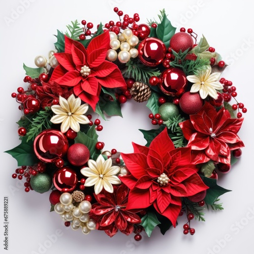 christmas wreath with red poinsettia isolated on white background