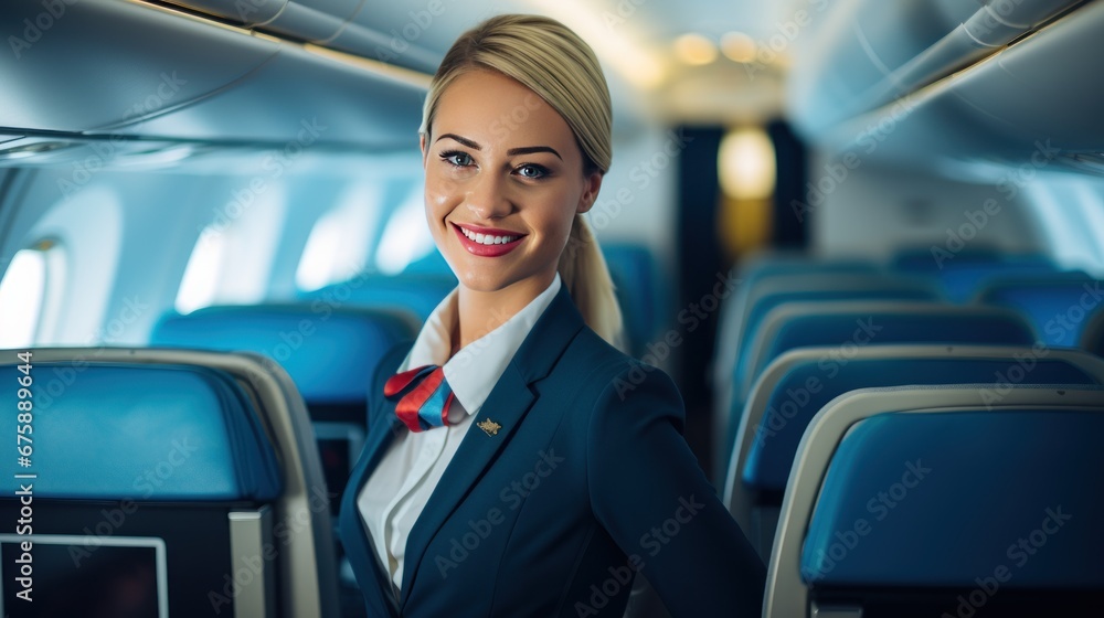 female flight attendant Smiling in the cabin female flight attendant Smiling in the cabin