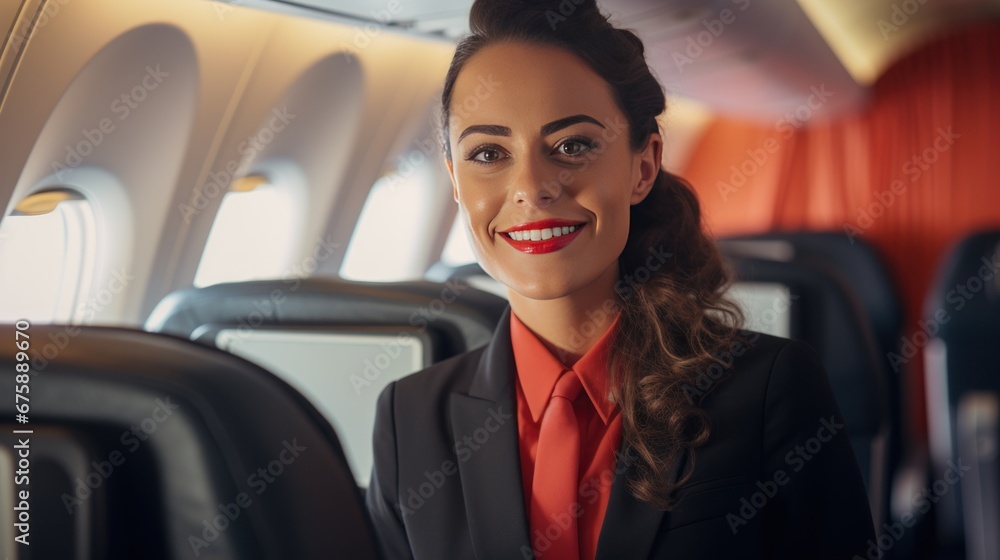 female flight attendant Smiling in the cabin female flight attendant Smiling in the cabin