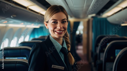 female flight attendant Smiling in the cabin