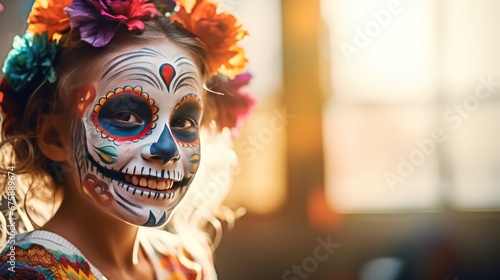 Happy child with colorful skull face celebrating Day of the Dead © somchai20162516