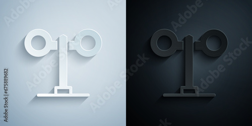 Paper cut Train traffic light icon isolated on grey and black background. Traffic lights for the railway to regulate the movement of trains. Paper art style. Vector