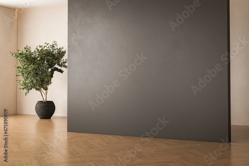 Fototapeta Naklejka Na Ścianę i Meble -  Room interior empty space background mock up, sunlight and shadows room walls, cozy summer warm room with sunlight and leafs shadows and wooden blank parquet floor, plant.