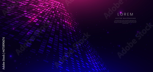 Abstract technology futuristic glowing square pattern neon blue and pink with speed motion moving on dark blue background.