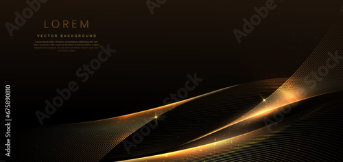 Abstract elegant dark brown background with golden curved lines and lighting effect sparkle. Luxury template award design.