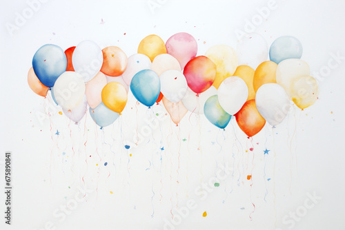 Colorful watercolor balloons floating on white background