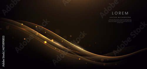 Gold curved ribbon on black background with lighting effect and sparkle with copy space for text. Luxury design style.