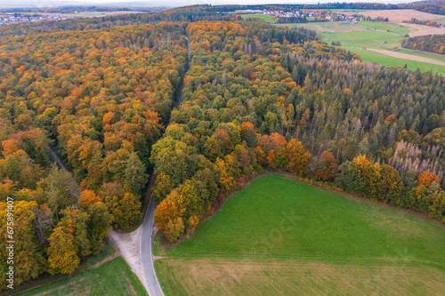 Aerial view of the colorful autumn landscape in the evening near Taunusstein/Germany photo